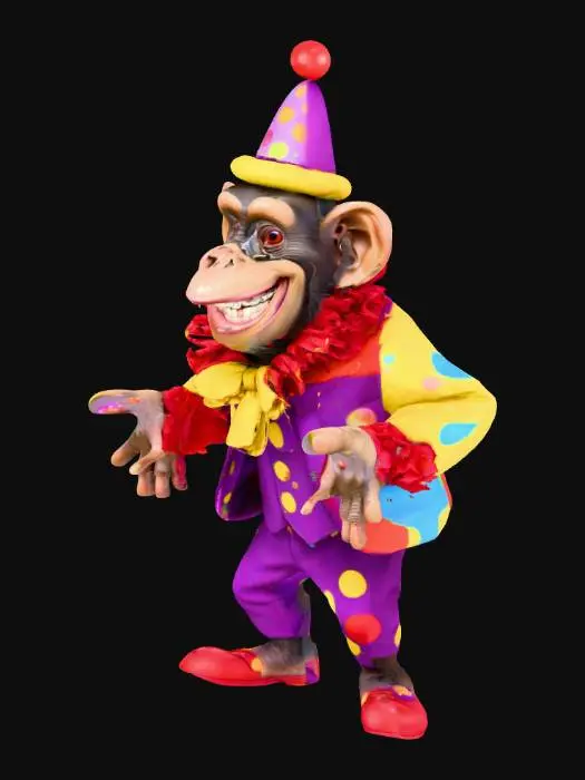 3D model for Carricature of a 3d, pixar style chimpanzee with eggarerated facial features a a funny grin, very big teeth and bulbous eyes, he is dressed in a vibrant clown costume, wearing a purple, red, blue, and yellow patchwork jacket with a large, ruffled collar and a yellow tie adorned with multicolored polka dots. A matching bow tie is tied around its neck, and a red nose is attached to its face. On its head, the chimpanzee wears purple red dotted pants, large pointy shoes and a yellow clown hat with a red brim and a red and blue ball on top, Arms wide.