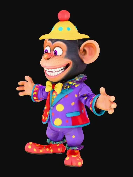 3D model for Carricature of a 3d, pixar style chimpanzee with eggarerated facial features a a funny grin, very big teeth and bulbous eyes, he is dressed in a vibrant clown costume, wearing a purple, red, blue, and yellow patchwork jacket with a large, ruffled collar and a yellow tie adorned with multicolored polka dots. A matching bow tie is tied around its neck, and a red nose is attached to its face. On its head, the chimpanzee wears purple red dotted pants, large pointy shoes and a yellow clown hat with a red brim and a red and blue ball on top, Arms wide.