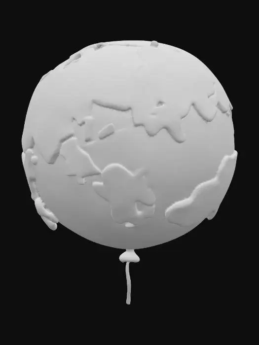 3D model for A spherical, light blue inflatable balloon shaped like the Earth, features relief continents in varying pastel shades of light green, tan, and light orange. The smooth, slightly glossy surface of the balloon suggests a rubber or latex material. The landmasses have a subtle raised texture, clearly outlining country borders. Below the globe, a light blue balloon neck tapers into a classic knot, from which a thin, light green string extends.