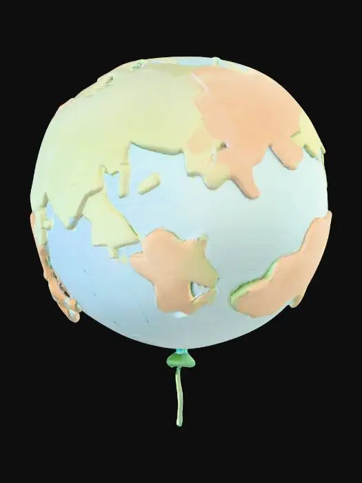 3D model for A spherical, light blue inflatable balloon shaped like the Earth, features relief continents in varying pastel shades of light green, tan, and light orange. The smooth, slightly glossy surface of the balloon suggests a rubber or latex material. The landmasses have a subtle raised texture, clearly outlining country borders. Below the globe, a light blue balloon neck tapers into a classic knot, from which a thin, light green string extends.