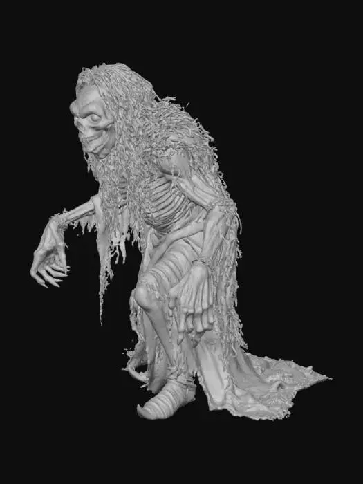 3D model for A hunched and ancient female witch, her skin a ghastly pale hue, her twisted, elongated visage a masterful blend of the darkest, most sinister aspects of human experience, as if crafted by the very essence of madness. Her eyes, two burning embers, while a crooked, fleshy nose and a pair of razor-sharp, rotten teeth, jutting out from her bottom lip. A long, pointed chin curves upwards, as her long, gray hair cascades down her back like a dirty, matted waterfall, in a tangled, nightmarish mess. A tattered, black cloak, worn, hangs from her bony shoulders, while her arms are spread wide, e, and her feet are rooted to the ground, clad in worn, pointed witches' shoes, her presence a haunting reminder of the terror that lurks in the shadows of a madman's imagination., #Halloween2025#