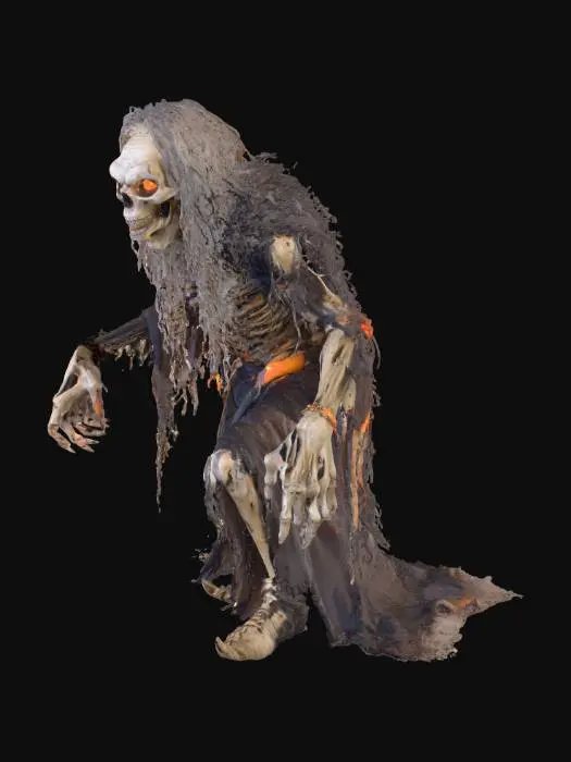 3D model for A hunched and ancient female witch, her skin a ghastly pale hue, her twisted, elongated visage a masterful blend of the darkest, most sinister aspects of human experience, as if crafted by the very essence of madness. Her eyes, two burning embers, while a crooked, fleshy nose and a pair of razor-sharp, rotten teeth, jutting out from her bottom lip. A long, pointed chin curves upwards, as her long, gray hair cascades down her back like a dirty, matted waterfall, in a tangled, nightmarish mess. A tattered, black cloak, worn, hangs from her bony shoulders, while her arms are spread wide, e, and her feet are rooted to the ground, clad in worn, pointed witches' shoes, her presence a haunting reminder of the terror that lurks in the shadows of a madman's imagination., #Halloween2025#