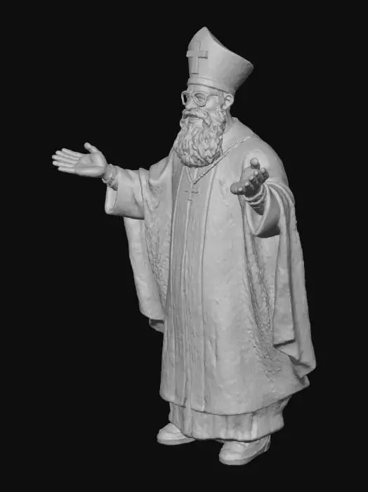 3D model for A 3d cartoon illustration of a white bearded broad smiling, old bishop, dressed in red and white robes with gold trim. The bishop wears a red mitre with a gold cross, a red cape with gold trim, and a white robe with red stripes and gold trim, arms and legs spread