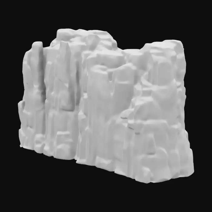 3D model for The object is a large, highly detailed , Ultra Realistic, rugged rock formation with a blocky geometry, featuring jagged surfaces and a textured mix of earthy brown and green hues.