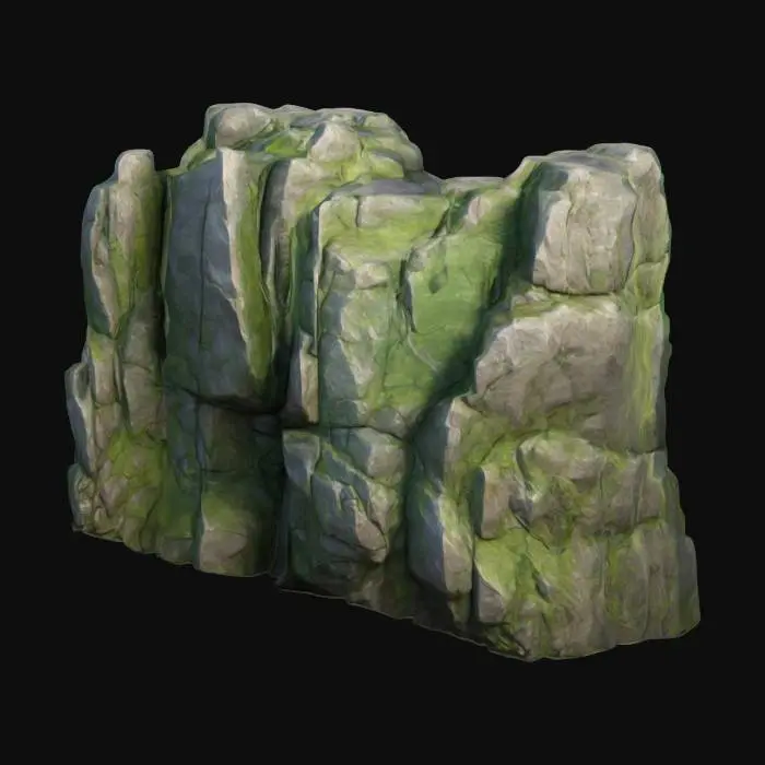 3D model for The object is a large, highly detailed , Ultra Realistic, rugged rock formation with a blocky geometry, featuring jagged surfaces and a textured mix of earthy brown and green hues.