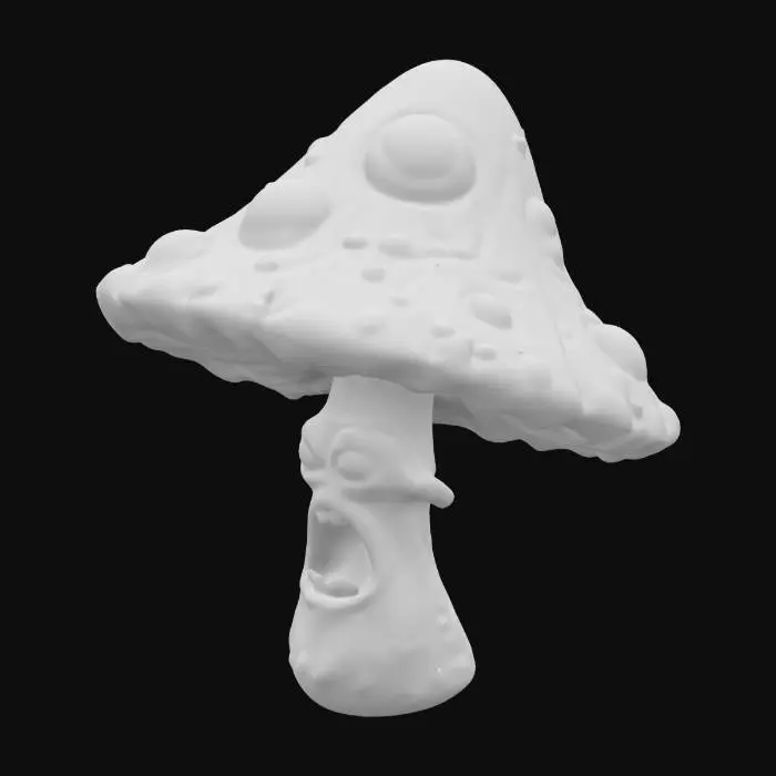 3D model for trippy mushroom with eyeballs and a mouth on the mushroom stem 