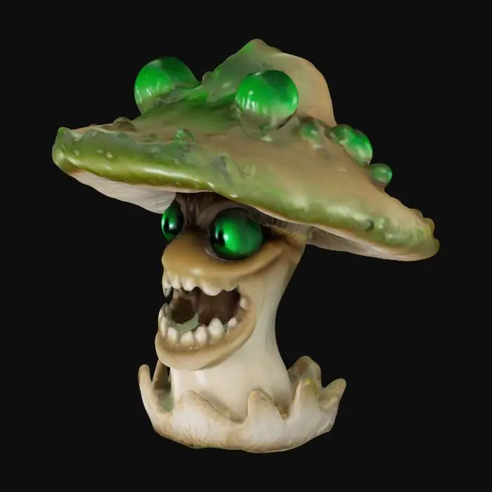 3D model for trippy mushroom with eyeballs and a mouth on the mushroom stem 