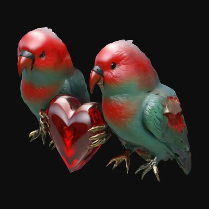 3D model for #valentine#  Highly Detailed, Ultra Realistic, Symmetrical, Two lovebirds and a , Polished, Gemstone, red heart