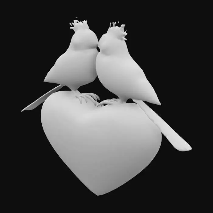 3D model for #valentine#  Highly Detailed, Ultra Realistic, Symmetrical, Two lovebirds and a , Polished, Gemstone, red heart