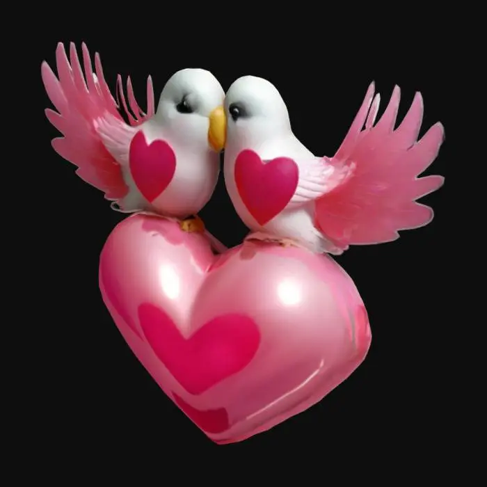3D model for #valentine#  Highly Detailed, Ultra Realistic, Symmetrical, Two lovebirds and a , Polished, Gemstone, red heart