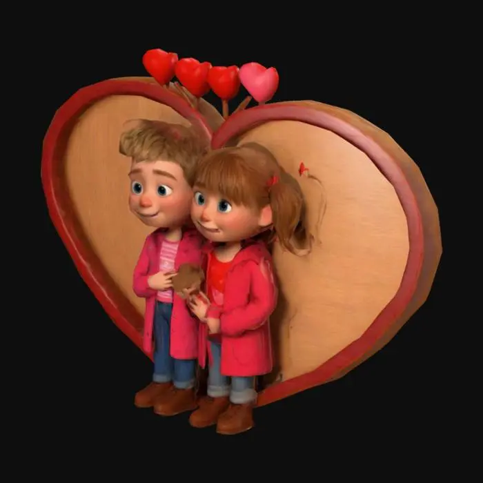 3D model for #valentine#,  Pixar Style, Extreme details , Smooth Valentine Lovers, stnding in a open Wooden heart  