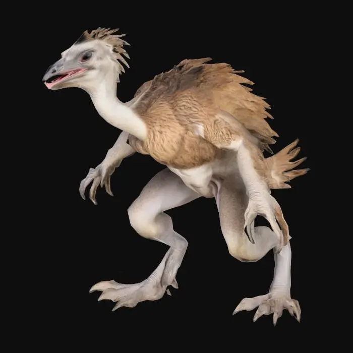 3D model for Fantasy, Highly Detailed, Symmetrical Body, Full Body, A-pose, very musculair and smooth hybrid Humanoid monster a randomized combination of an ostrich,  a condor, a  Spinosaurus, a Sarcosuchus