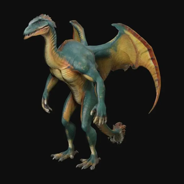3D model for Fantasy, Highly Detailed, Symmetrical Body, Full Body, A-pose, very musculair and smooth hybrid Humanoid monster a randomized combination of an ostrich,  a condor, a  Spinosaurus, a Sarcosuchus