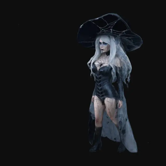 3D model for A magical Gothic witch is standing, casting a spell, wearing a huge and broken wizard hat with a spider web net, her long silver hair fluttering in the wind, and her ice blue eyes shining. The damaged Gothic leather outfit and damaged spider web tulle outfit, a slender waist and deep collarbone, she is lighted by hazy moonlight, mysterious. All is  Extremely Detailed and is of extreme high quality, seen from all sides such as the backside and the inside of the legs and arms, Full body, one face