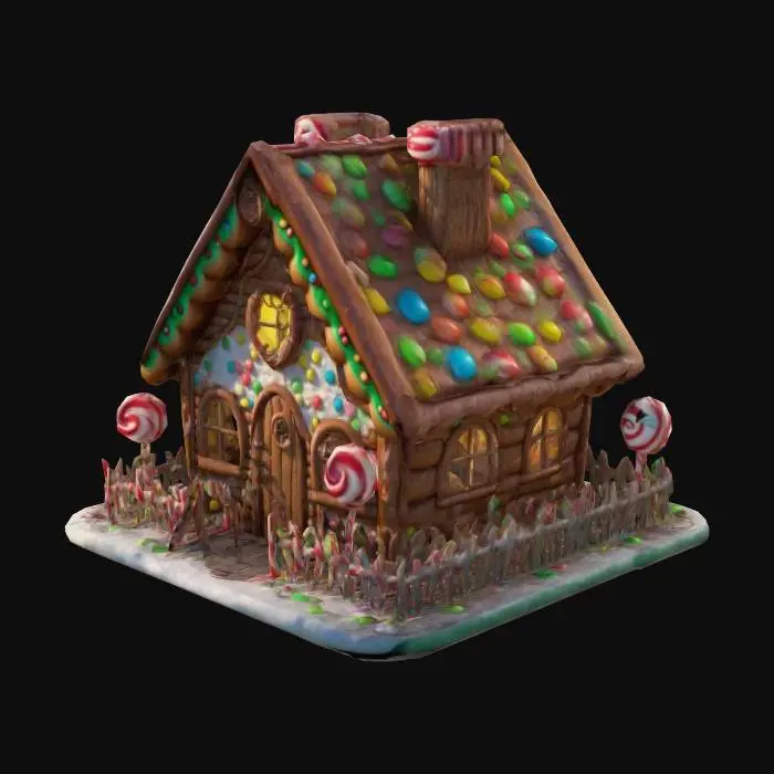 3D model for #fairy#, Stylized, Highly Detailed, high quality fairytale candy cabin. The cabin is made of gingerbred, on the roof are shiny M&M's, the windows are made from chocolate. In the garden there are different types of lollipops, the fence is made of sugar candy canes.
All the candy is extreme realistic. and shiny.