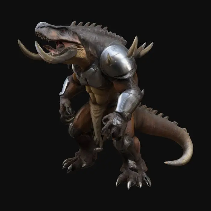 3D model for Fantasy,  Create a Highly Detailed, Ultra Realistic, antropomorphic fusion between an ultra muscular T-Rex and  a mammoth with a shiny mandelorian-like armour, Full Body, Symmetrical Body, Battle Pose, 
