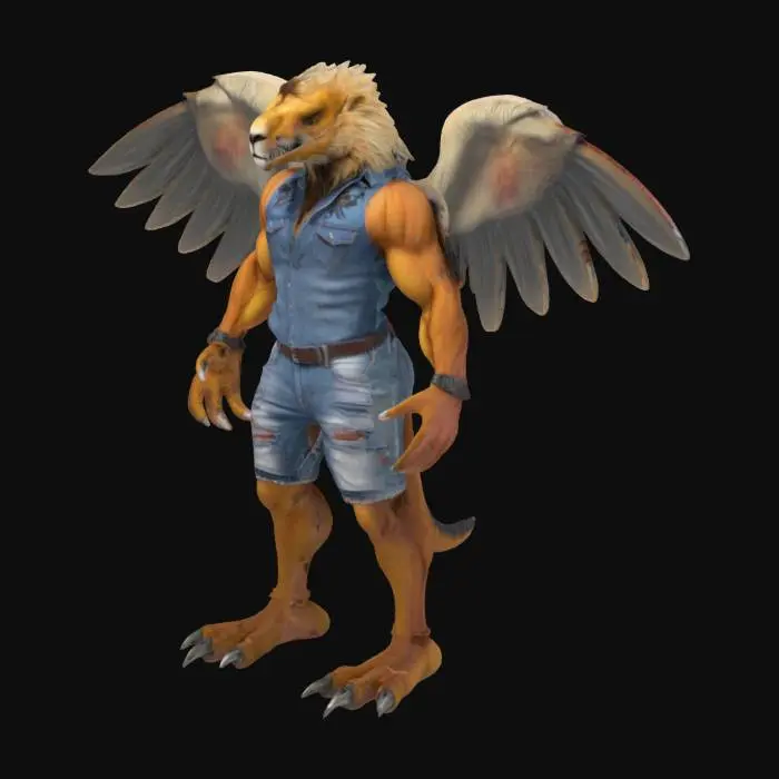 3D model for Humanoid Fusion between a condor and a lion and a T-rex all extreme muscular. Wearing a jeans outfit.  Extreme high quality