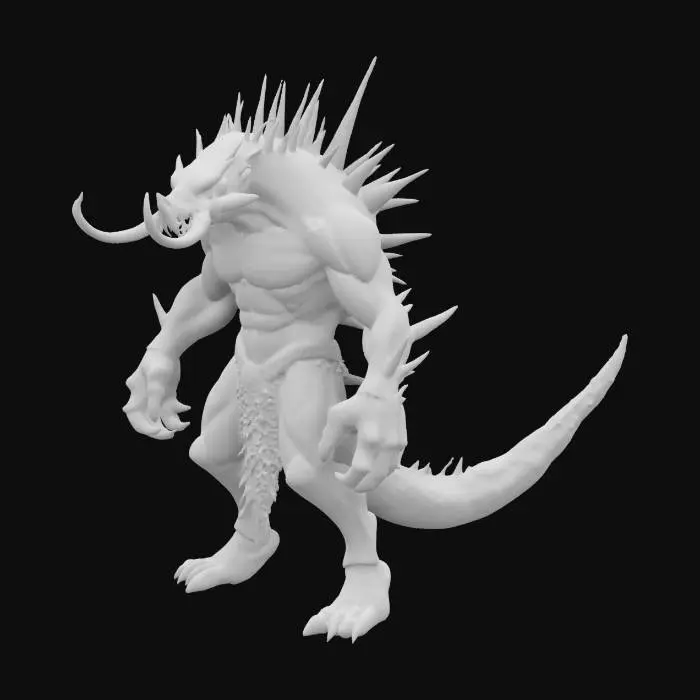 3D model for Fantasy, Highly Detailed, Ultra Realistic, Full Body, Symmetrical Body, Battle Pose. The object resembles a fantastical creature with an human-like body, a coiled, spiral shell, intricate textures blending smooth, extreme muscular skin with spiky protrusions, and prominent tusks and antennae. 