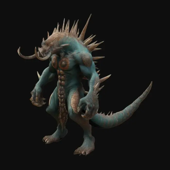 3D model for Fantasy, Highly Detailed, Ultra Realistic, Full Body, Symmetrical Body, Battle Pose. The object resembles a fantastical creature with an human-like body, a coiled, spiral shell, intricate textures blending smooth, extreme muscular skin with spiky protrusions, and prominent tusks and antennae. 