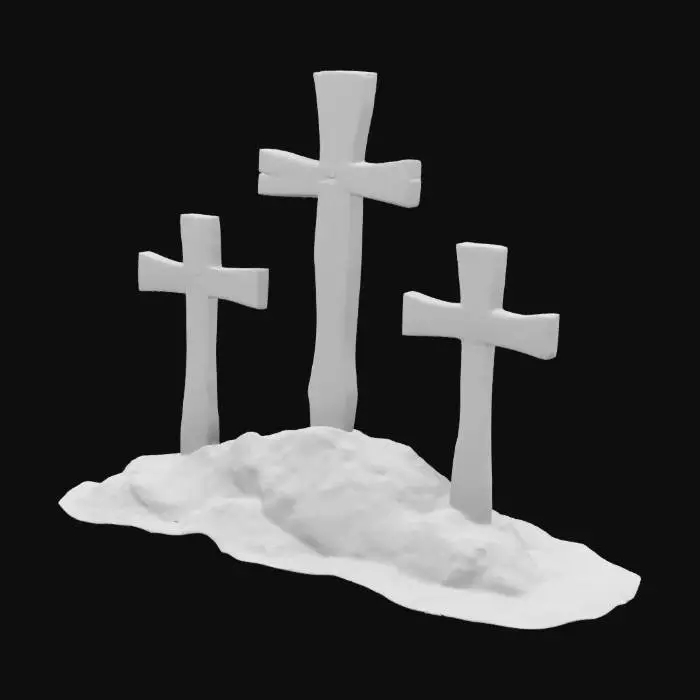 3D model for Biblical, Highly Detailed, Ultra Realistic, Extreme high quality, Three extreme Rough, brown shiny wooden crosses on a rocky hill. 