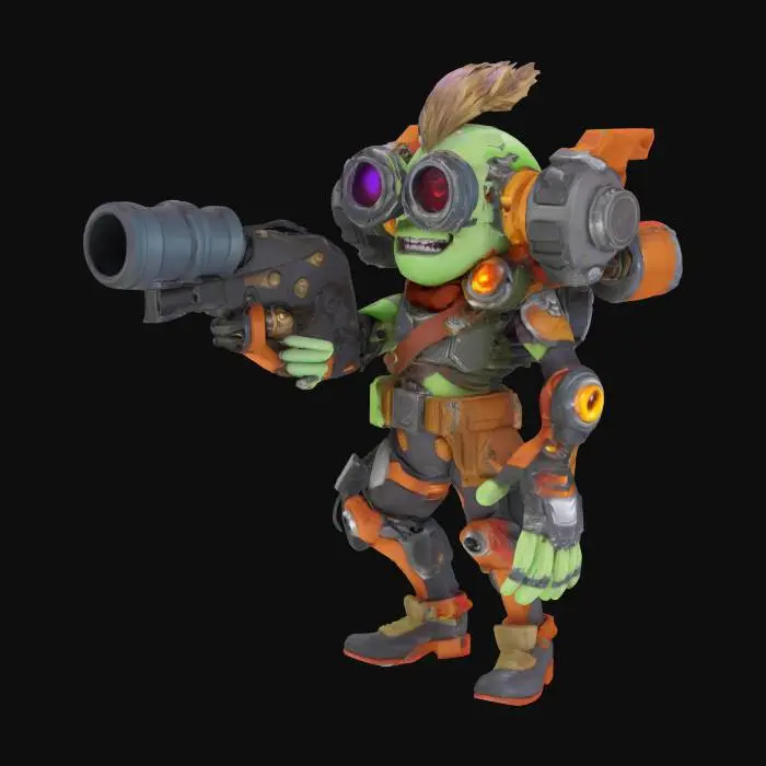 3D model for league of legends style, Heimerdinger, alien or hextech or rocket launcer, high quality, Highly Detailed, Full Body, Symmetrical Body