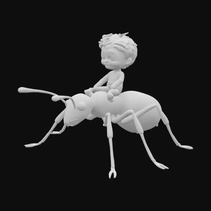 3D model for The image features a large, Black shiny, polished ant with a smooth skin, and large eyes. And a human funny kid 3D animal cartoon, , pixel style, small body with big head, big eyes, in colorful 70's clothes. riding it, sitting just behind his head, jockey seat and it holds the antenna's. Super high quality, especial on the inside of the legs and arms. No loose parts, Full Body