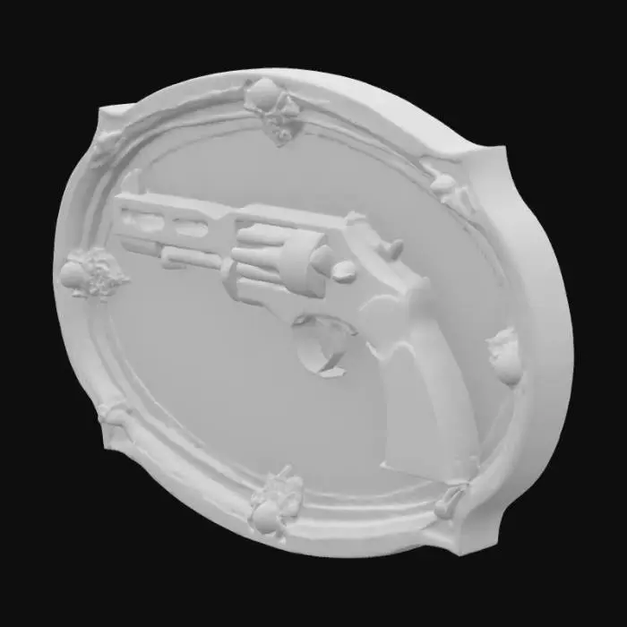 3D model for A copper plate with a detailled metal gun relief. The gun is in 3d. The  copper plate has a red polished, shiny edge,  with engraved symbols, #emblem#