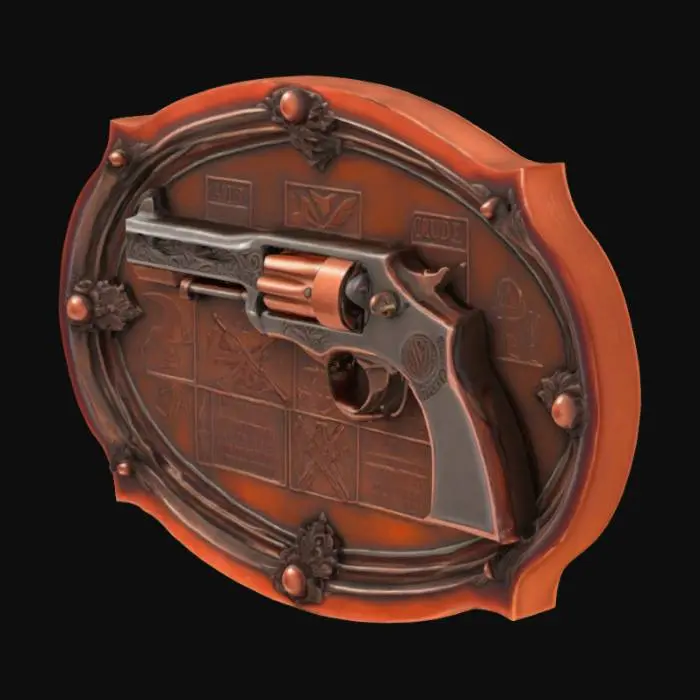 3D model for A copper plate with a detailled metal gun relief. The gun is in 3d. The  copper plate has a red polished, shiny edge,  with engraved symbols, #emblem#