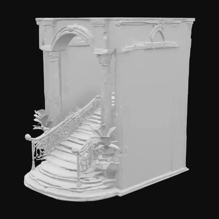 3D model for a majestic staircase ascending towards a grand archway set against .white background, the staircase is adorned with ornated golden railings on both sides, featuring intricate scrollwork and embellished with vibrant flowers and lush greenery, the archway is supported by four beheind ech other imposing columns, also decorated with flowers and greenery at the top, the overall scene is bathed in a warm, ethereal light, #arch#