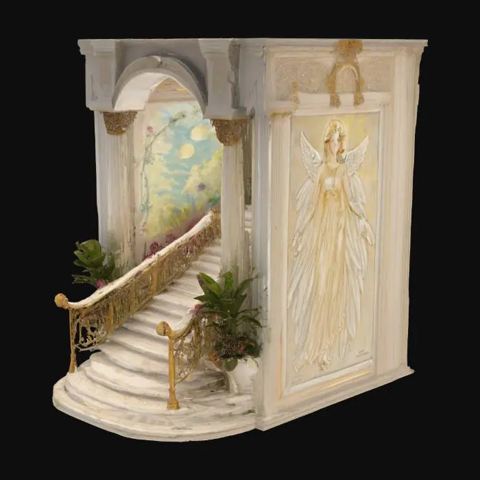 3D model for a majestic staircase ascending towards a grand archway set against .white background, the staircase is adorned with ornated golden railings on both sides, featuring intricate scrollwork and embellished with vibrant flowers and lush greenery, the archway is supported by four beheind ech other imposing columns, also decorated with flowers and greenery at the top, the overall scene is bathed in a warm, ethereal light, #arch#