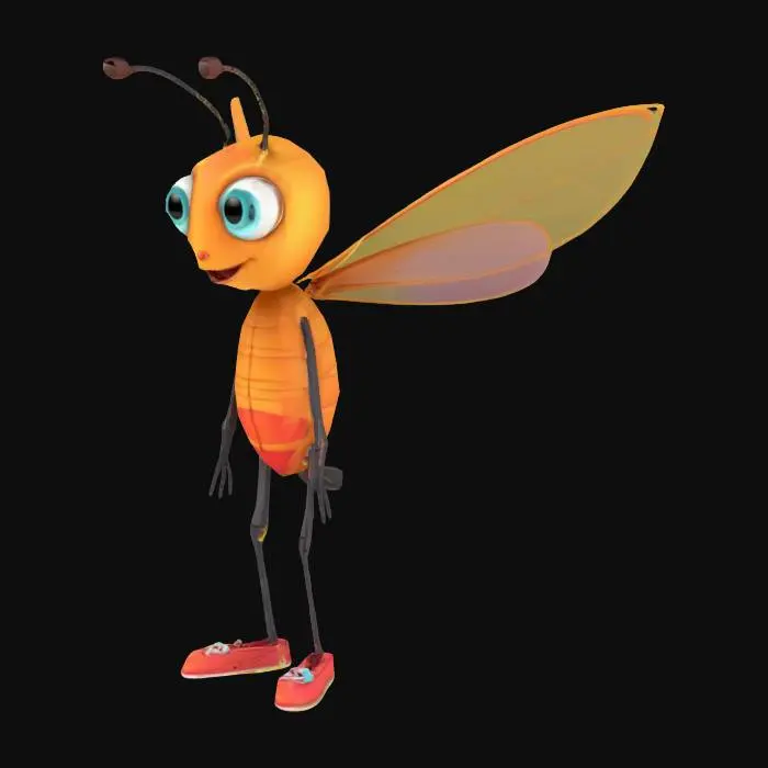 3D model for A cute 3D anthropomorphic cartoon mosquito, wearing tiny shoes, happily looking. Arms A-Pose. Pixar animation style, whimsical, white background, white floor, vibrant colors, ultra-detailed.