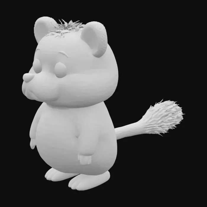 3D model for A textured, cartoon-style, extra large, extra fat anthropomorphic animal character with a spherical shape. The character displays typical wooly, furry and fluffy features such as lush fur, animal-like ears and tail, extra large bulbous, bulging eyes, and a cute nose. Despite the character's size, they exude a warm, friendly aura, inviting viewers into their world, their demeanor expresses joy and contentment.