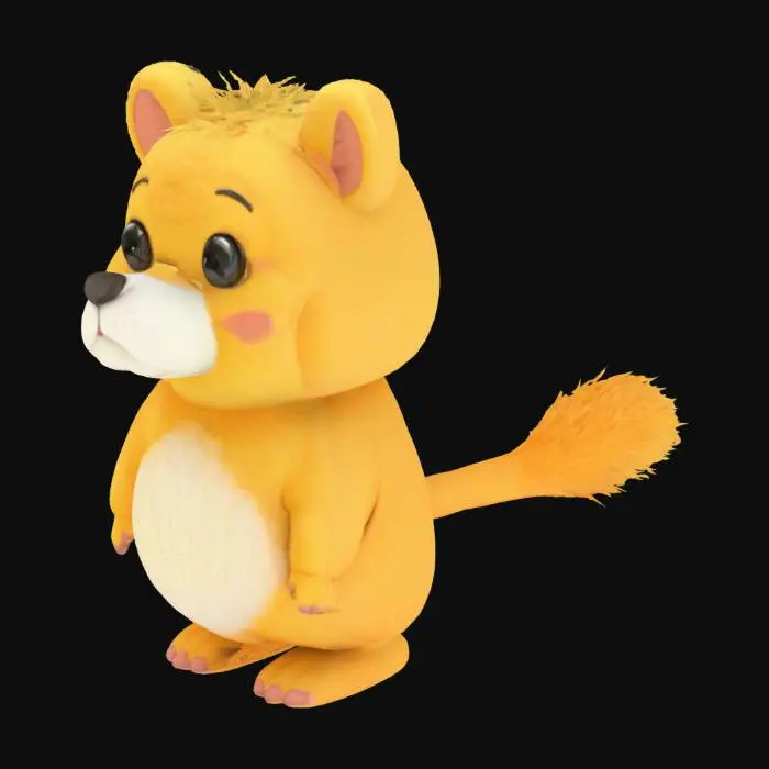 3D model for A textured, cartoon-style, extra large, extra fat anthropomorphic animal character with a spherical shape. The character displays typical wooly, furry and fluffy features such as lush fur, animal-like ears and tail, extra large bulbous, bulging eyes, and a cute nose. Despite the character's size, they exude a warm, friendly aura, inviting viewers into their world, their demeanor expresses joy and contentment.
