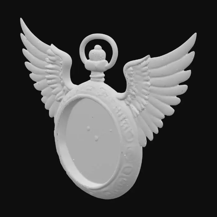 3D model for An antique pocket watch crafted from aged, dark bronze or brass, featuring a circular case adorned with intricate scrollwork around its bezel. Two detailed, feathered wings extend elegantly from either side, showcasing a rich, textured surface with individual feather definition. The watch face is a classic off-white, marked with bold black Roman numerals and slender black hands, protected by a clear, smooth glass cover. A looped crown with a ribbed texture sits at the top. The metallic surface has a subtle, dull sheen, suggesting a well-worn, vintage appeal.
