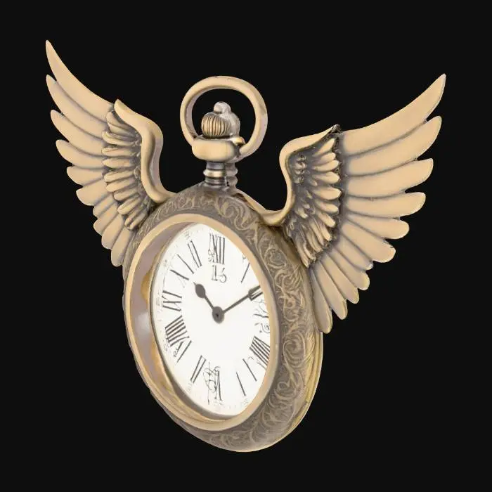 3D model for An antique pocket watch crafted from aged, dark bronze or brass, featuring a circular case adorned with intricate scrollwork around its bezel. Two detailed, feathered wings extend elegantly from either side, showcasing a rich, textured surface with individual feather definition. The watch face is a classic off-white, marked with bold black Roman numerals and slender black hands, protected by a clear, smooth glass cover. A looped crown with a ribbed texture sits at the top. The metallic surface has a subtle, dull sheen, suggesting a well-worn, vintage appeal.