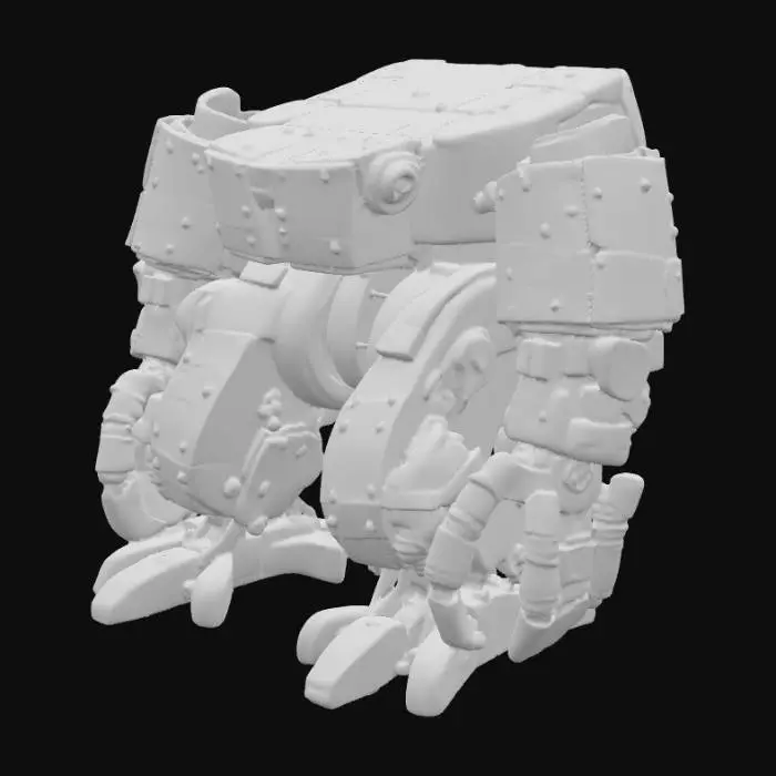 3D model for A very detailed, large robot constructed predominantly from weathered, oxidized cylindrical components. Its metallic surface exhibits extensive rust, presenting a varied texture of flaky orange, deep reddish-brown, and mottled dark grey patches, suggesting years of exposure to elements. Each cylindrical segment, forming limbs, torso, and head, is connected by visible joints and bolts, hinting at robust, heavy construction. The overall appearance is a striking blend of industrial strength and decay, with a dull, matte finish from the corrosion.