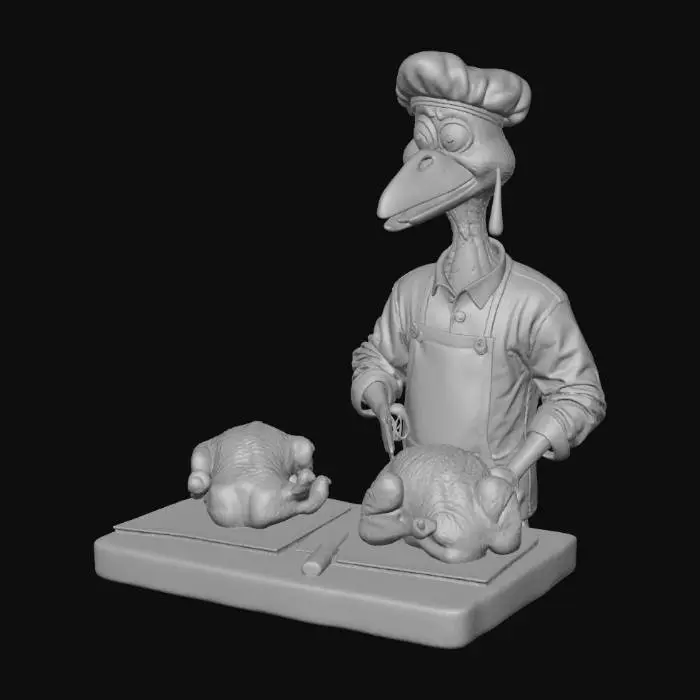 3D model for A cartoonish butcher shop stands alone, its 3D front facade, a colorful  classic butcher's establishment. The stylized turkey dressed as a butcher, with a blood-stained apron and a  hat, leans against the shop's exterior, gazing out the window with a grin. The window itself is a focal point, with a bold, comic-style sign emblazoned across it in bright, eye-catching letters: "Today's Special fresh Turkey just in!" The sign adorned with graphics , , Behind the shop window, a tantalizing array of mouth-watering, realistically rendered grilled turkeys beckons the viewer, their golden-brown skin and succulent juices on full, appetizing display. The butcher's large, gleaming knife is prominently displayed at his side #Thanksgiving#