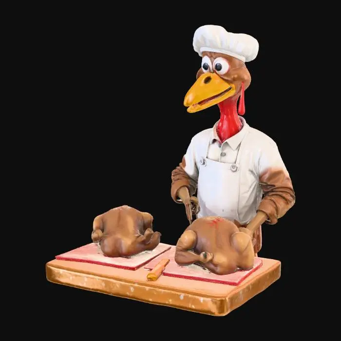 3D model for A cartoonish butcher shop stands alone, its 3D front facade, a colorful  classic butcher's establishment. The stylized turkey dressed as a butcher, with a blood-stained apron and a  hat, leans against the shop's exterior, gazing out the window with a grin. The window itself is a focal point, with a bold, comic-style sign emblazoned across it in bright, eye-catching letters: "Today's Special fresh Turkey just in!" The sign adorned with graphics , , Behind the shop window, a tantalizing array of mouth-watering, realistically rendered grilled turkeys beckons the viewer, their golden-brown skin and succulent juices on full, appetizing display. The butcher's large, gleaming knife is prominently displayed at his side #Thanksgiving#