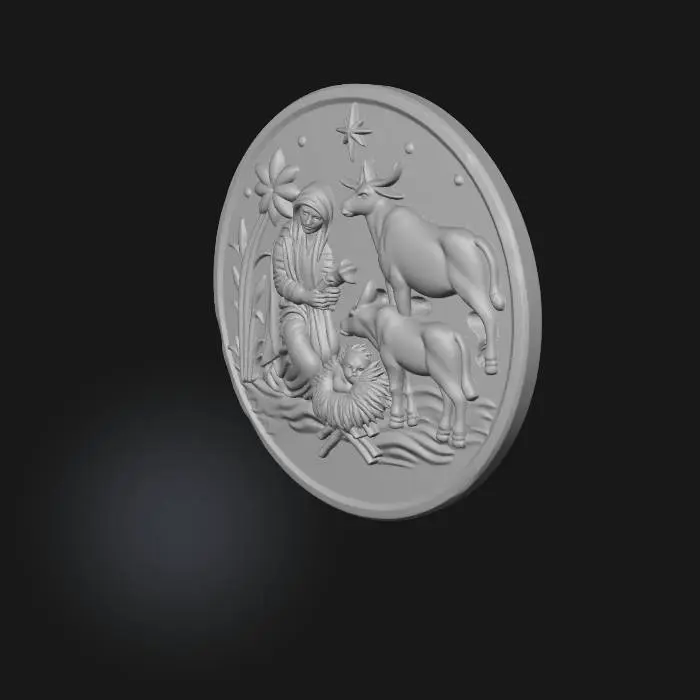 3D model for A double sided silver coin featuring a detailed nativity scene, with a ridged edge visible on the left side, set against a plain white background. The coin's surface is intricately engraved with the figures of Mary and Joseph kneeling beside the manger, where the baby Jesus lies, surrounded by a donkey and an ox, with a sheep to the left. A golden  star shines above the manger, surrounded by smaller stars in the night sky. The figures of Mary and Joseph are adorned with halos, as is the baby Jesus. The coin's design is rendered in a detailed, high-relief style, with textured surfaces and intricate details. At the bottmon of the coin is the text written "The savior is born"