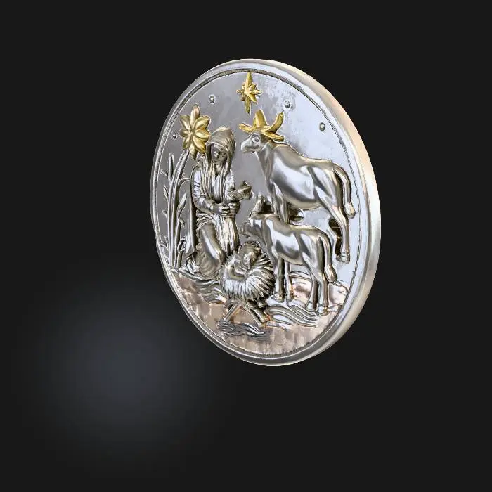 3D model for A double sided silver coin featuring a detailed nativity scene, with a ridged edge visible on the left side, set against a plain white background. The coin's surface is intricately engraved with the figures of Mary and Joseph kneeling beside the manger, where the baby Jesus lies, surrounded by a donkey and an ox, with a sheep to the left. A golden  star shines above the manger, surrounded by smaller stars in the night sky. The figures of Mary and Joseph are adorned with halos, as is the baby Jesus. The coin's design is rendered in a detailed, high-relief style, with textured surfaces and intricate details. At the bottmon of the coin is the text written "The savior is born"