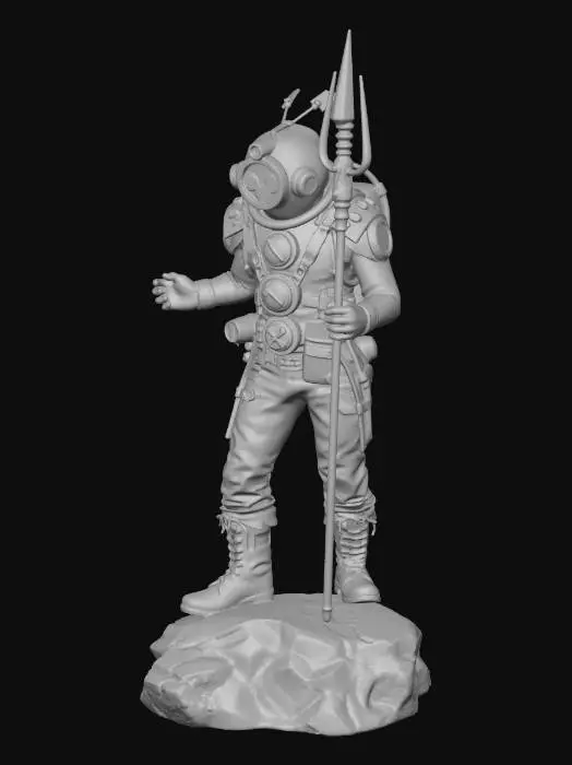 3D model for A Deepsea diver using steampunk gear holding a trident. He is standing on a rock.