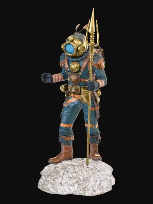 3D model for A Deepsea diver using steampunk gear holding a trident. He is standing on a rock.