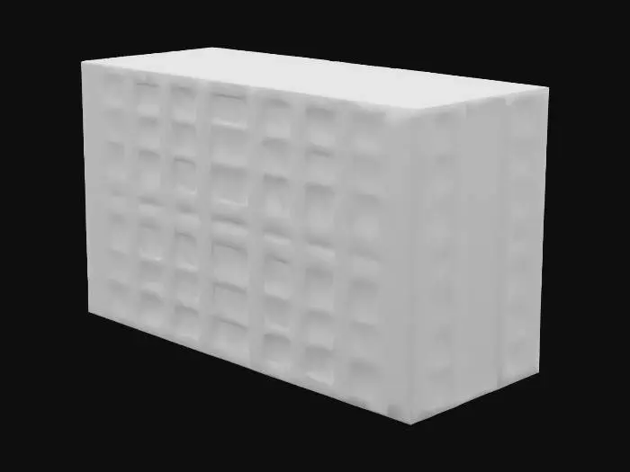 3D model for Uzun ve yüksek, düz cepheli endüstriyel bir bina modeli. Açık gri, pürüzsüz ve sade bir yüzeye sahip olan bu yapı, minimal detaylar ve aşırı yıpranma olmaksızın modern bir görünüme sahiptir. Her katta yatay olarak sıralanmış çok sayıda küçük, kare biçimli pencere bulunur. Pencereler siyah metal çerçeveli ve şeffaf camlıdır; cepheye düzgün ve eşit aralıklarla yerleştirilmiştir. Dokunuşta sert ve serin his veren, sade ama işlevsel bir mimariye sahiptir.