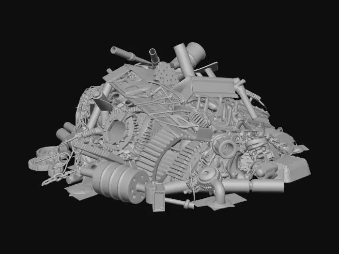 3D model for A pile of scrap metal game asset. Rusted and broken metal pieces including bent steel plates, twisted pipes, gears, wires, and industrial debris. Old, worn, and heavily corroded surfaces with detailed rust, scratches, and dents. Realistic industrial style. The object is centered and isolated. Transparent background (PNG, alpha channel). No environment, no floor, no shadows. High-resolution, clean edges, PBR-ready, suitable for use in Unreal Engine and Unity. No text, no watermark.