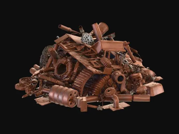 3D model for A pile of scrap metal game asset. Rusted and broken metal pieces including bent steel plates, twisted pipes, gears, wires, and industrial debris. Old, worn, and heavily corroded surfaces with detailed rust, scratches, and dents. Realistic industrial style. The object is centered and isolated. Transparent background (PNG, alpha channel). No environment, no floor, no shadows. High-resolution, clean edges, PBR-ready, suitable for use in Unreal Engine and Unity. No text, no watermark.