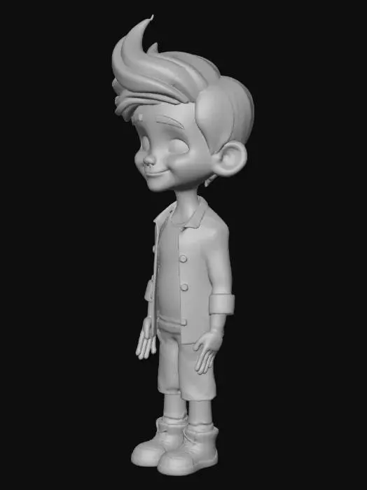3D model for Erstelle mir ein Low Poly Charakter der sehr niedlich ist im Style der bekannten Humanoiden Studio Ghibli Charakteren oder wie Niels Holgerson.  Es soll ein Junge sein mit schicken dunklen Haaren und nur mit einer Unterhose. Er soll einen Hals haben also nicht der Kopf direkt auf dem Torso. Er soll wenige Details haben.