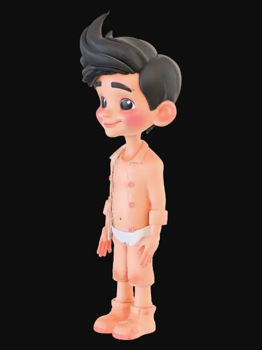 3D model for Erstelle mir ein Low Poly Charakter der sehr niedlich ist im Style der bekannten Humanoiden Studio Ghibli Charakteren oder wie Niels Holgerson.  Es soll ein Junge sein mit schicken dunklen Haaren und nur mit einer Unterhose. Er soll einen Hals haben also nicht der Kopf direkt auf dem Torso. Er soll wenige Details haben.
