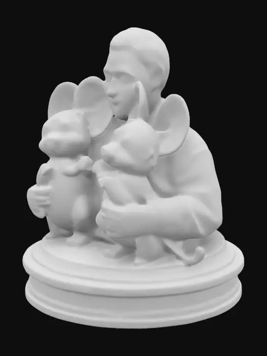 3D model for A detailed bronze statue of an elderly man in a suit with a warm smile, standing beside a cheerful anthropomorphic mouse with large round ears. The man extends one hand outward while holding the mouse’s hand. Both stand on a polished bronze pedestal. The statue has realistic bronze material with slight patina, smooth details, and high-res PBR textures for a clean, professional finish.