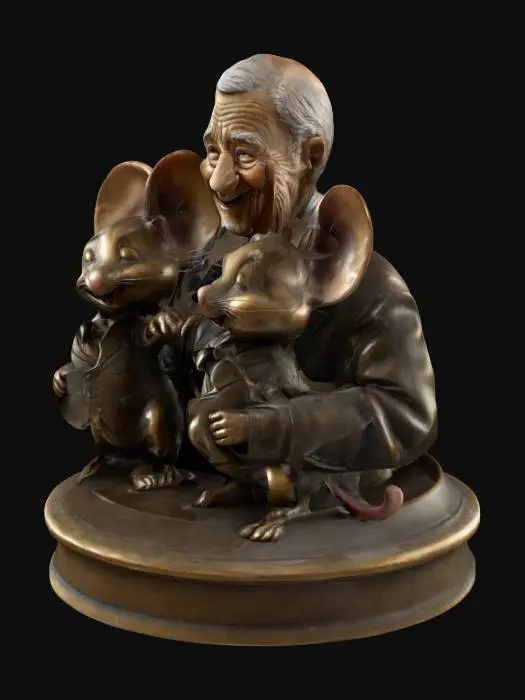 3D model for A detailed bronze statue of an elderly man in a suit with a warm smile, standing beside a cheerful anthropomorphic mouse with large round ears. The man extends one hand outward while holding the mouse’s hand. Both stand on a polished bronze pedestal. The statue has realistic bronze material with slight patina, smooth details, and high-res PBR textures for a clean, professional finish.