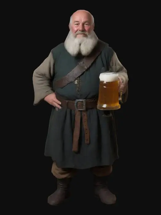 3D model for jim benson, a medieval tavern owner. he is 65 years old, slightly large and had a beer in hand